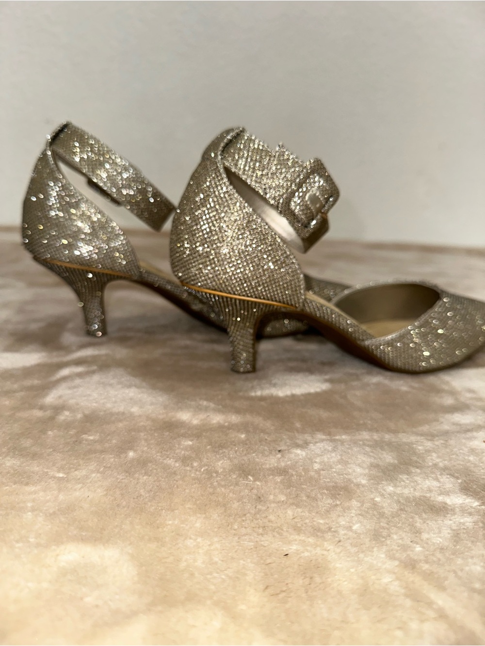 Anne Klein Gold Glitter Mid-Heel Pointed-Toe Pumps with Ankle Strap